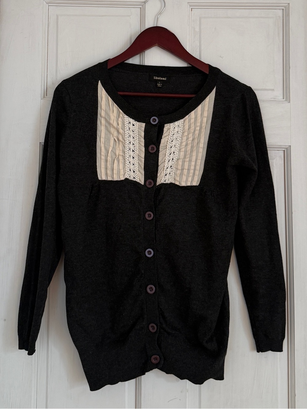 SHULAMI Women's Black Knit Crochet Bib Button Down Sweater Size L